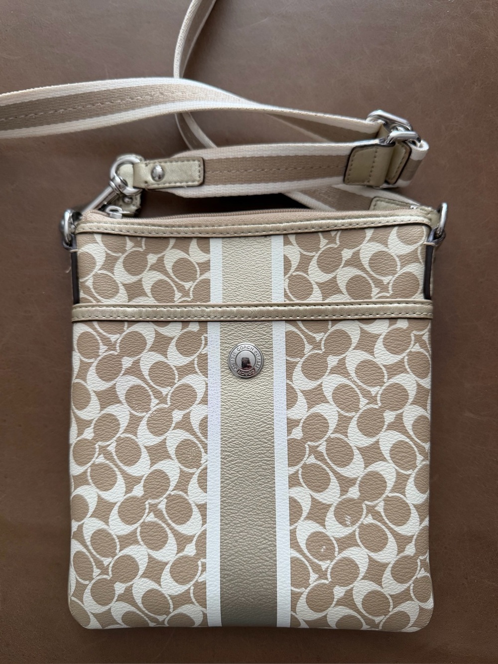 Coach Beige Signature Stripe Crossbody Bag - Picture 2 of 9